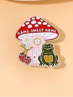 Home Sweet Home Mushroom House Enamel Pin with Frog - Red & Green